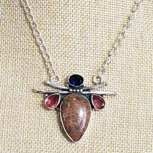 Pink lace agate necklace, 925 silver lace agate kunzite pendant necklace